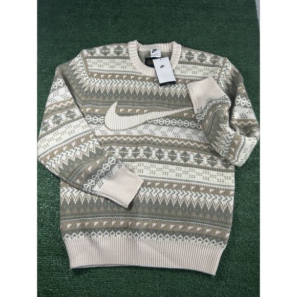 NIKE CABLE KNIT CREWNECK SWEATER MEN’S XS BEIGE LOOSE FIT - Picture 1 of 13